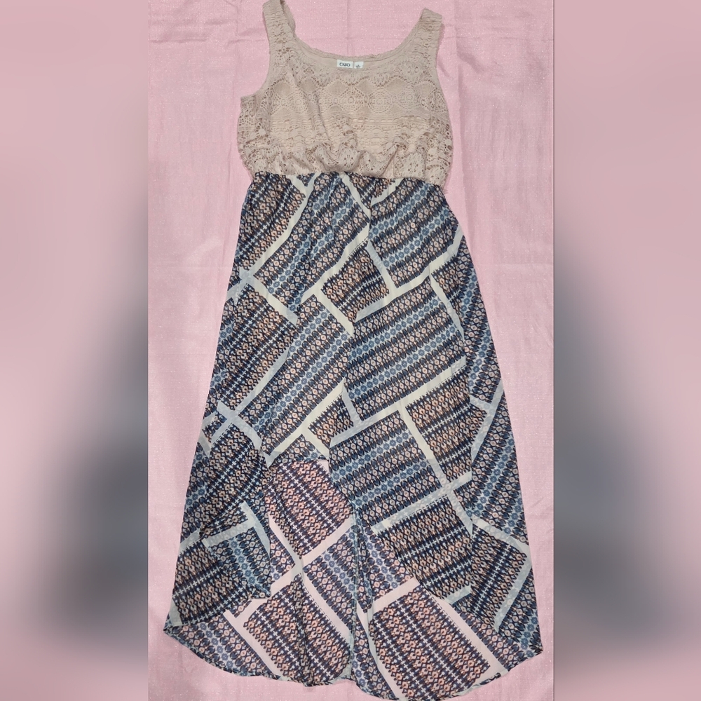 Cato Beige Lace Top High-Low Geometric Print Dress